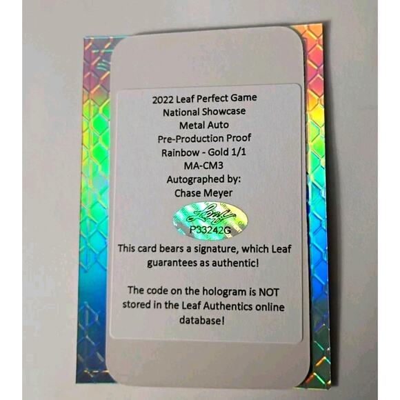 2022 Leaf Metal Perfect Game Chase Meyer Autograph Pre Production Proof 1/1 - Picture 5 of 6